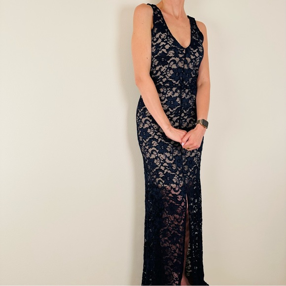 New Belle Badgley Mischka Dress navy Blue Lace Overlay Maxi Evening - Picture 4 of 10